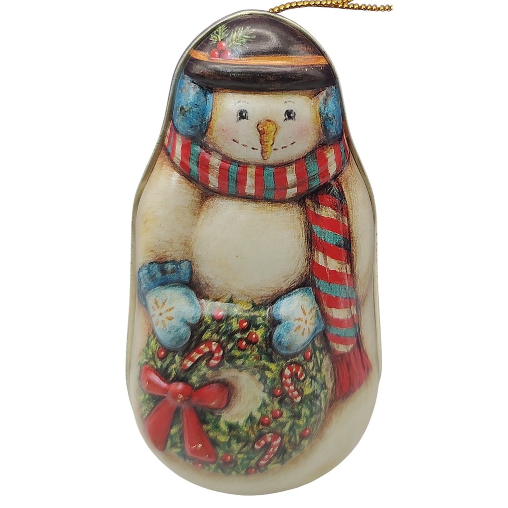 Vintage Russ Berrie Snowman Ornament Tin with‎ Lid Made in UK Four Inches